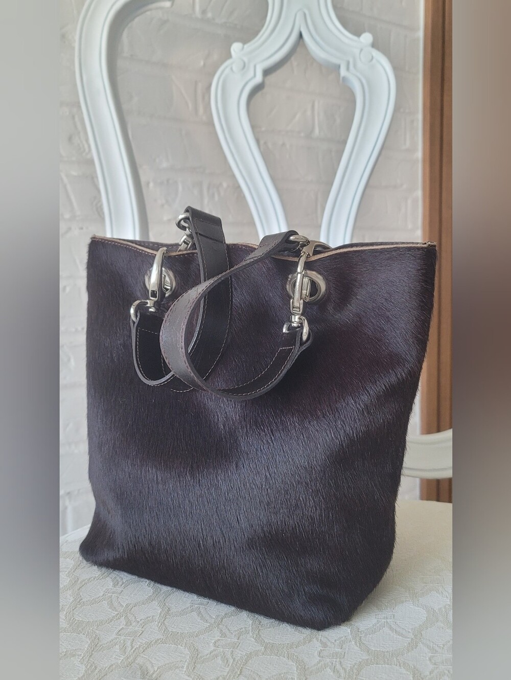MAURIZIO TAIUTI Black Haircalf Tote Bag with Silver Hardware